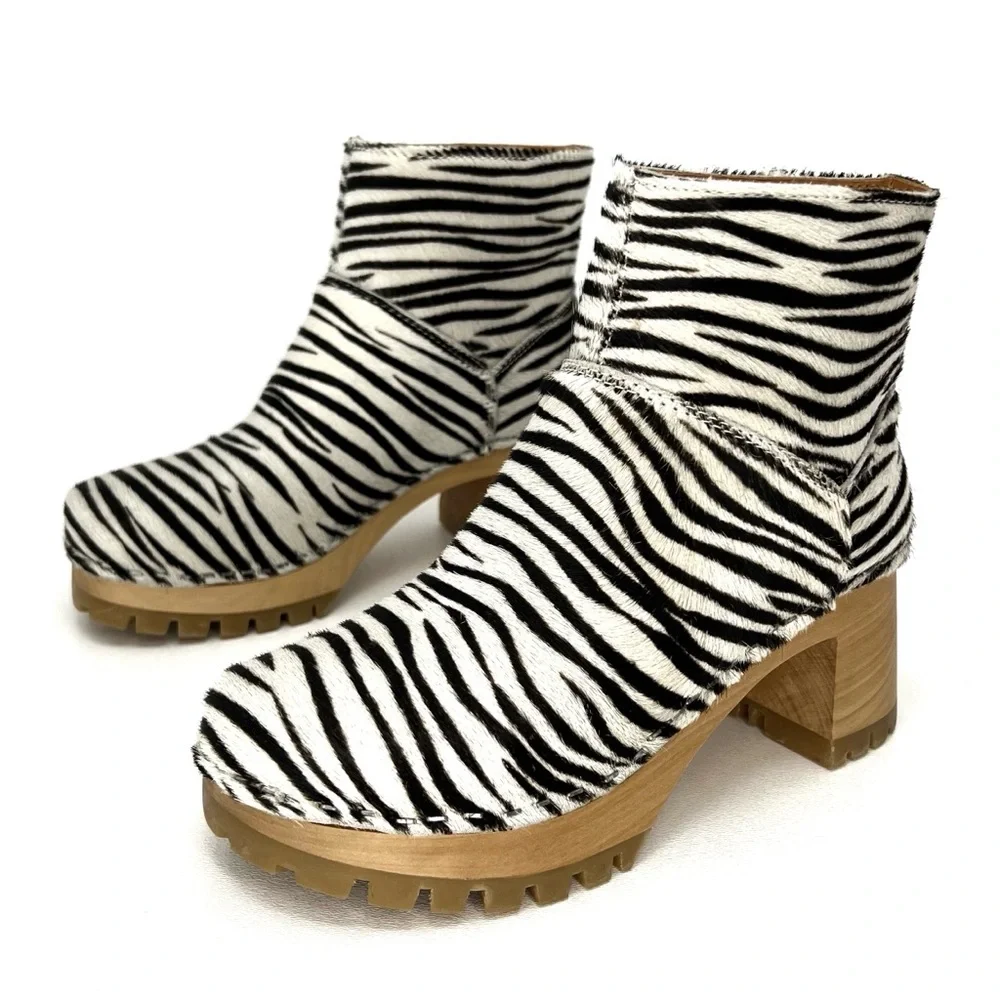 NEW Swedish Hasbeens Zebra Print Calf Hair Wooden Clog Booties Size 36/6 New